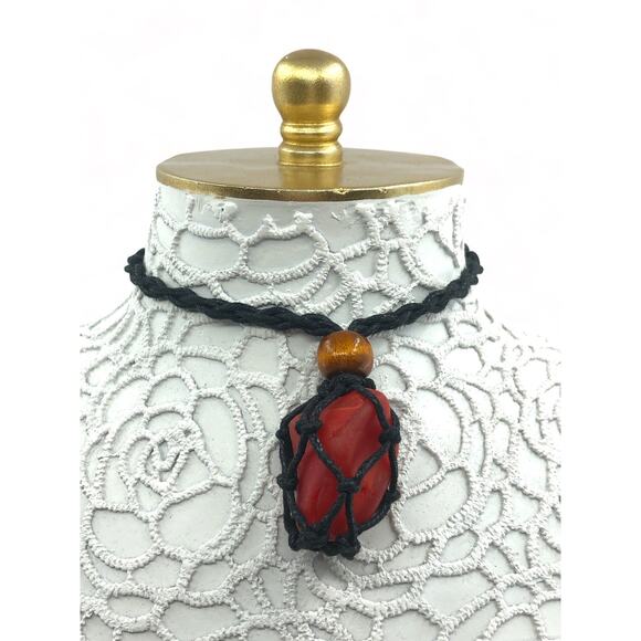 Red Swirl Art Glass Handmade Tumbled Pendant Necklace Black Braided Cord J2428 - Picture 1 of 6